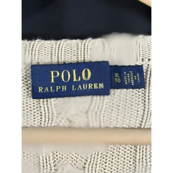 Polo Ralph Lauren Cable Knit Crew Neck Sweater 100% Cotton Tan Preppy Mens XL - Picture 2 of 14